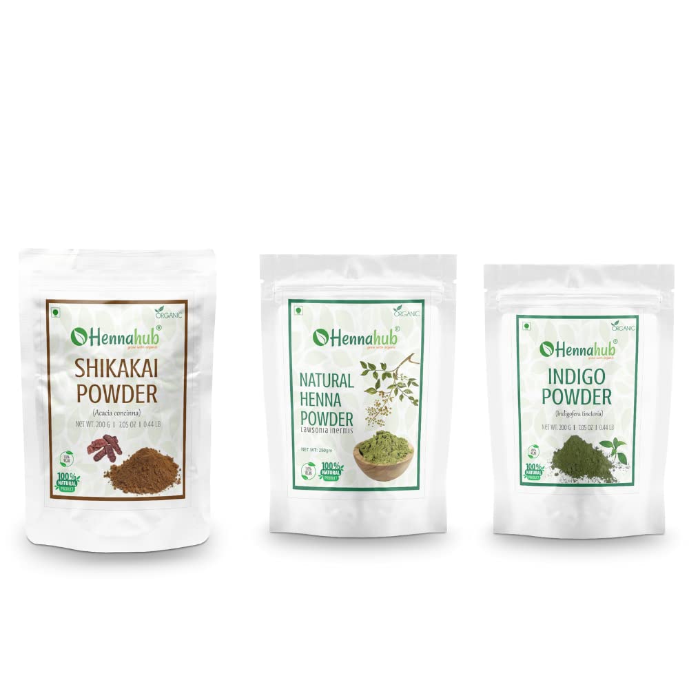 HENNAHUB Shikakai, Henna and Indigo powder 200g x 3 pack | Organic Hair care Combo Pack | Total 600 gm