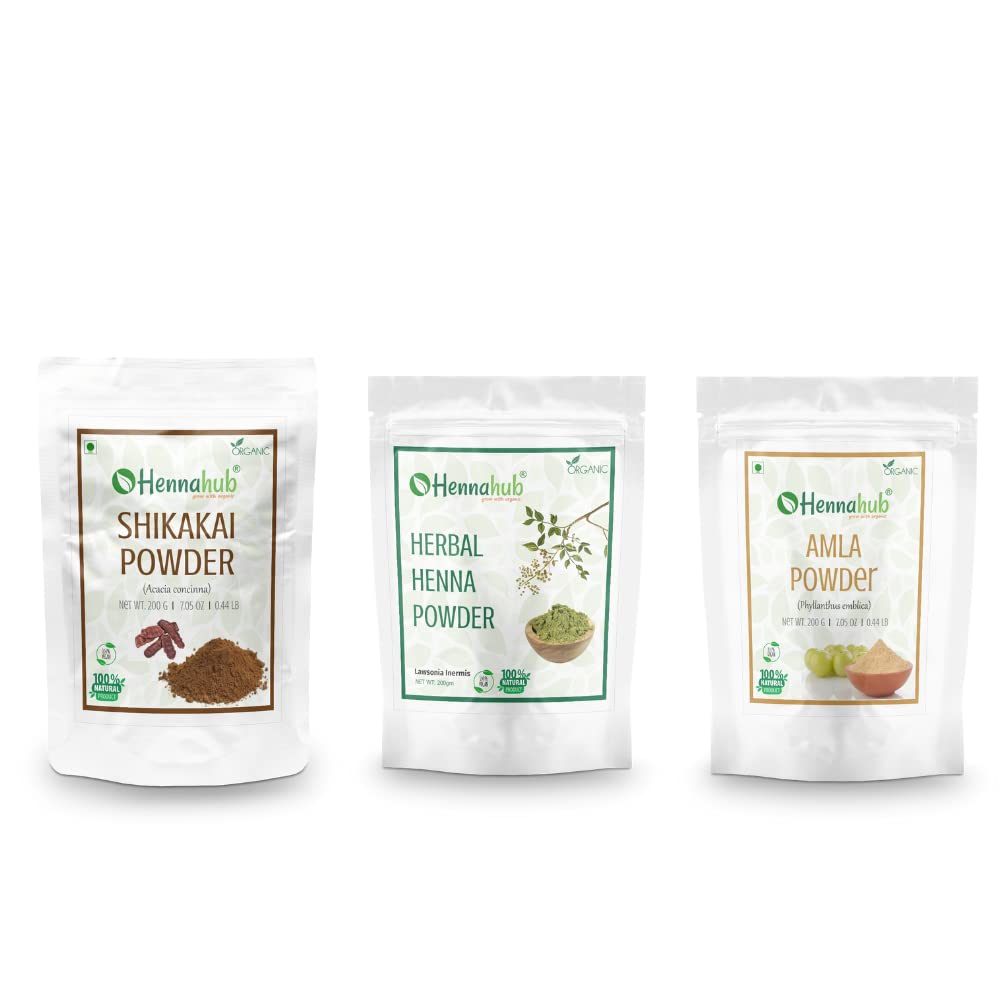 HENNAHUB Amla, Herbal Henna and Shikakai powder 200g x 3 pack | Organic Hair care Combo Pack | Total 600 gm