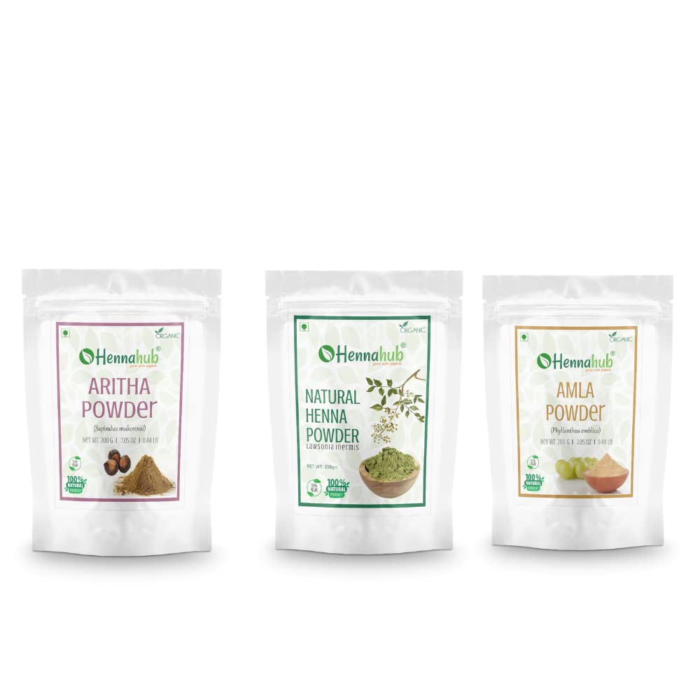 HENNAHUB Reetha, Henna and Amla powder 200g x 3 pack | Organic Hair care Combo Pack | Total 600 gm