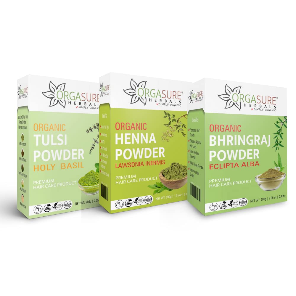 ORGASURE Tulsi, Henna and Bhringraj powder 200g x 3 pack | Natural Hair care pack | Total 600 gm