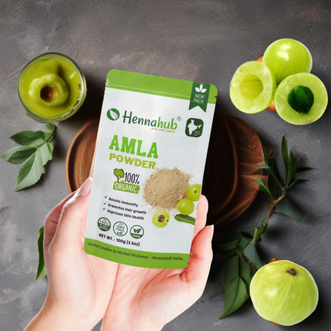 Hennahub Organic Amla Powder for Hair Care - 100% Pure, Natural & Chemical-Free Hair Strengthening, Conditioning Powder | Rich in Vitamin C & Antioxidants for Healthy Hair | 100gm New pack
