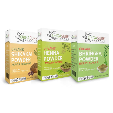 ORGASURE Shikakai, Henna and Bhringraj powder 200g x 3 pack | Organic Hair care Combo Pack | Total 600 gm