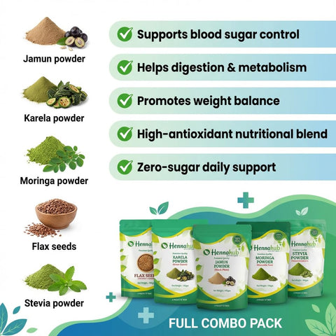 Hennahub Complete Sugar Care Combo | Jamun Powder, Karela Powder, Moringa Powder, Flax Seeds & Stevia (Powder | Pack of 5 | Blood Sugar Management, Metabolism & Weight Control | Ayurvedic Daily Support