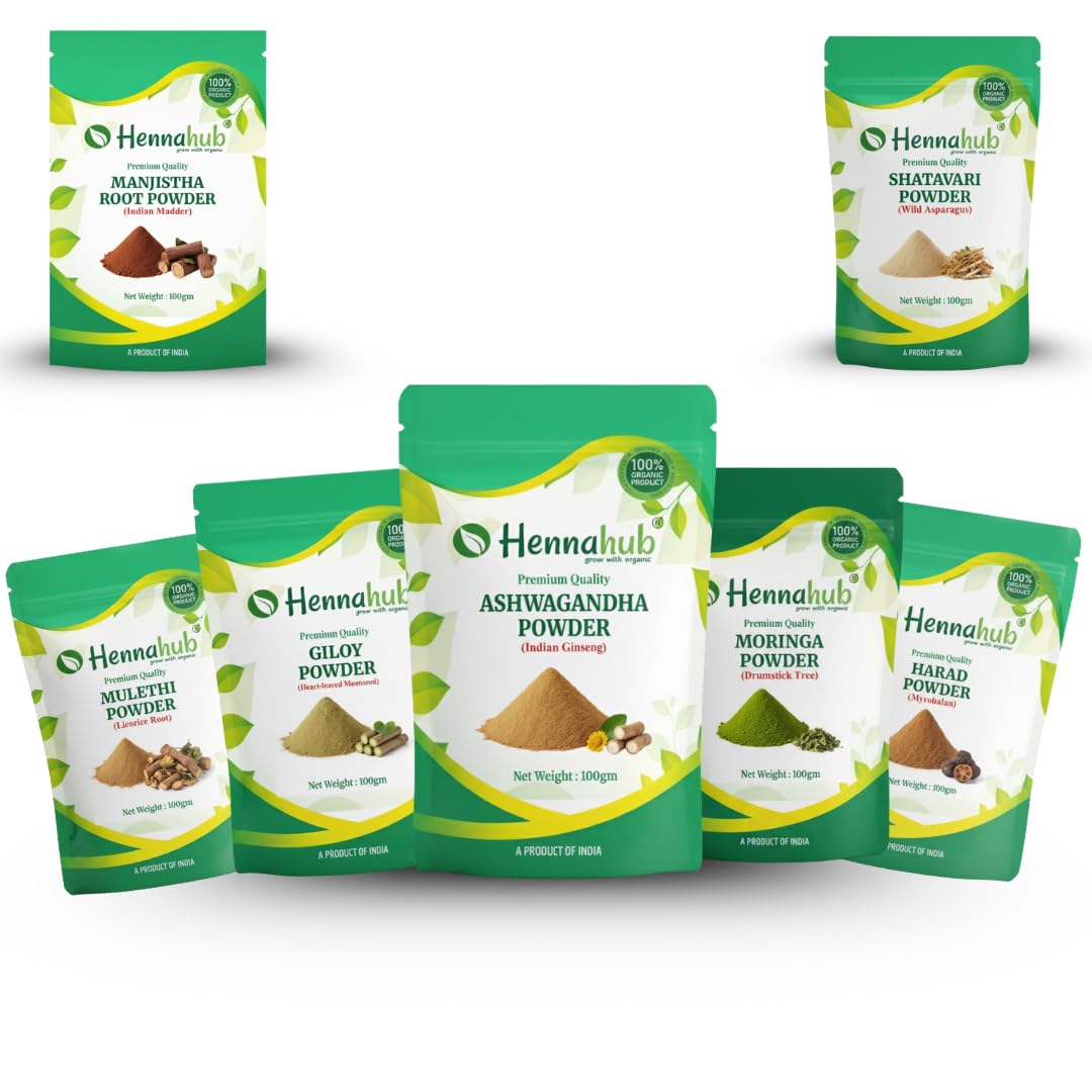 Hennahub Women’s Hormone & Wellness Care Combo | Shatavari, Ashwagandha, Moringa, Manjistha, Mulethi, Giloy & Harad Powder | Pack of 7 × 100g | Hormone Balance, Skin Glow, Stress Relief & Immunity Support