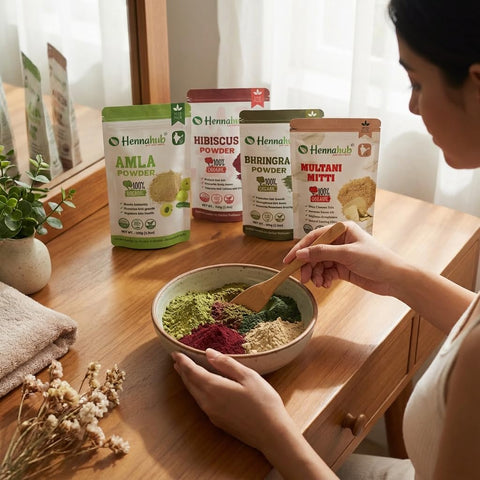 Hennahub Premium Hair Care Powder Combo Pack of 6 (600gm) | Amla, Reetha, Shikakai, Hibiscus, Bhringraj & Multani Mitti | Double Filtered 100gm Each | 100% Natural Herbal Hair Wash & Hair Mask with brush, gloves, shower cap