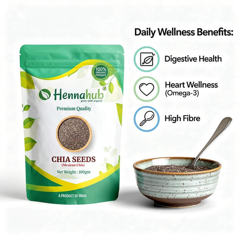 Hennahub Premium Chia Seeds 100g | Raw & Unroasted | Omega-3, Fibre & Protein-Rich Superfood | Gluten-Free Seeds for Smoothies, Puddings, Weight Loss, Salads & Daily Nutrition