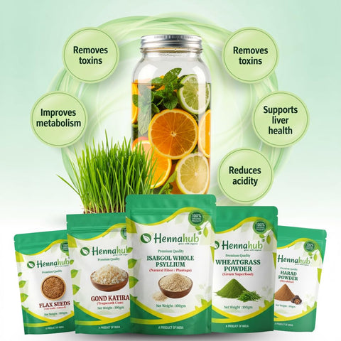 Hennahub Complete Digestive Wellness Combo | Isabgol Husk, Harad  and Wheatgrass Powder, Flax Seeds & Gond Katira | Pack of 5 × 100g | Gut Health, Digestion, Detox, Constipation Relief & Daily Fibre Support