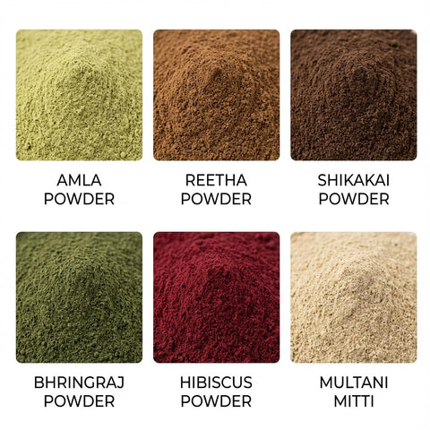 Hennahub Premium Hair Care Powder Combo Pack of 6 (600gm) | Amla, Reetha, Shikakai, Hibiscus, Bhringraj & Multani Mitti | Double Filtered 100gm Each | 100% Natural Herbal Hair Wash & Hair Mask with brush, gloves, shower cap