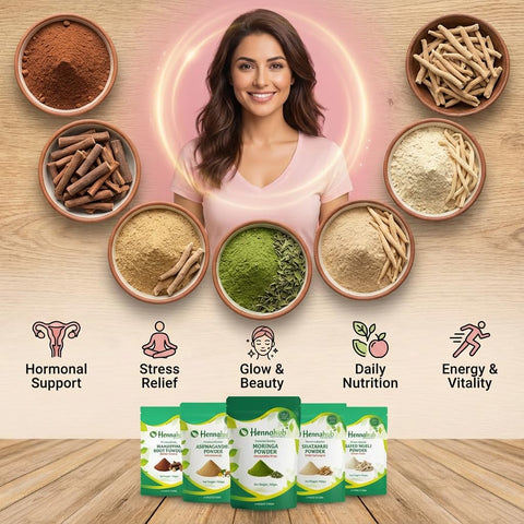 Hennahub Women’s Complete Wellness Combo | Shatavari, Ashwagandha, Safed Musli, Moringa & Manjistha Powder | Pack of 5 x 100g | Hormonal Balance, Energy, Skin Glow & Daily Nutrition | Ayurvedic Women Care