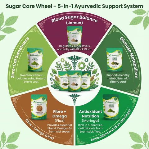 Hennahub Complete Sugar Care Combo | Jamun Powder, Karela Powder, Moringa Powder, Flax Seeds & Stevia (Powder | Pack of 5 | Blood Sugar Management, Metabolism & Weight Control | Ayurvedic Daily Support