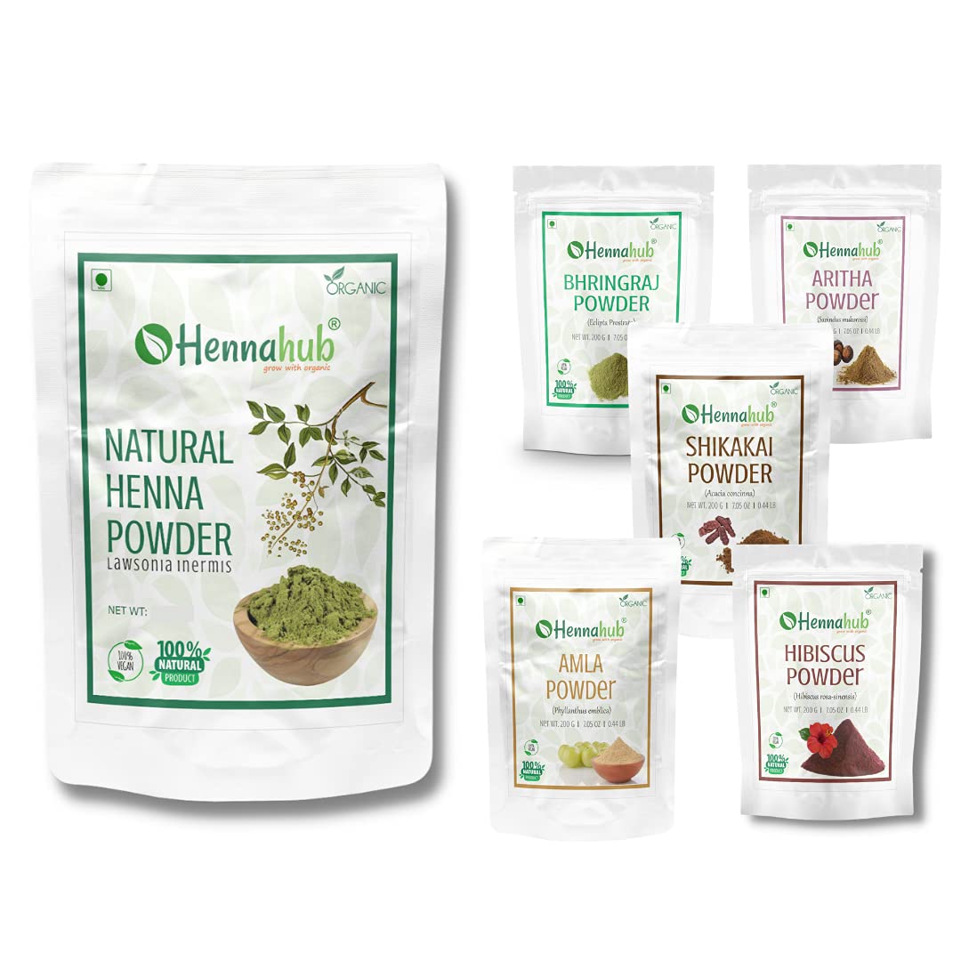 Natural Henna 1 kg + Amla, Reetha, Shikakai, Bhringraj, Hibiscus Powder for Hair , 200g each (Pack of 5) - hennahubstore