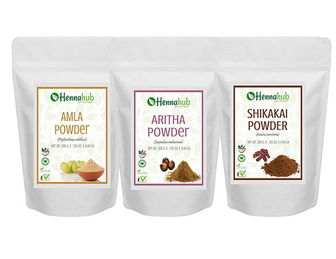 Natural Amla, Aritha, Shikakai Powder 600gm for Hair, Pack of 3 each 200gm - hennahubstore